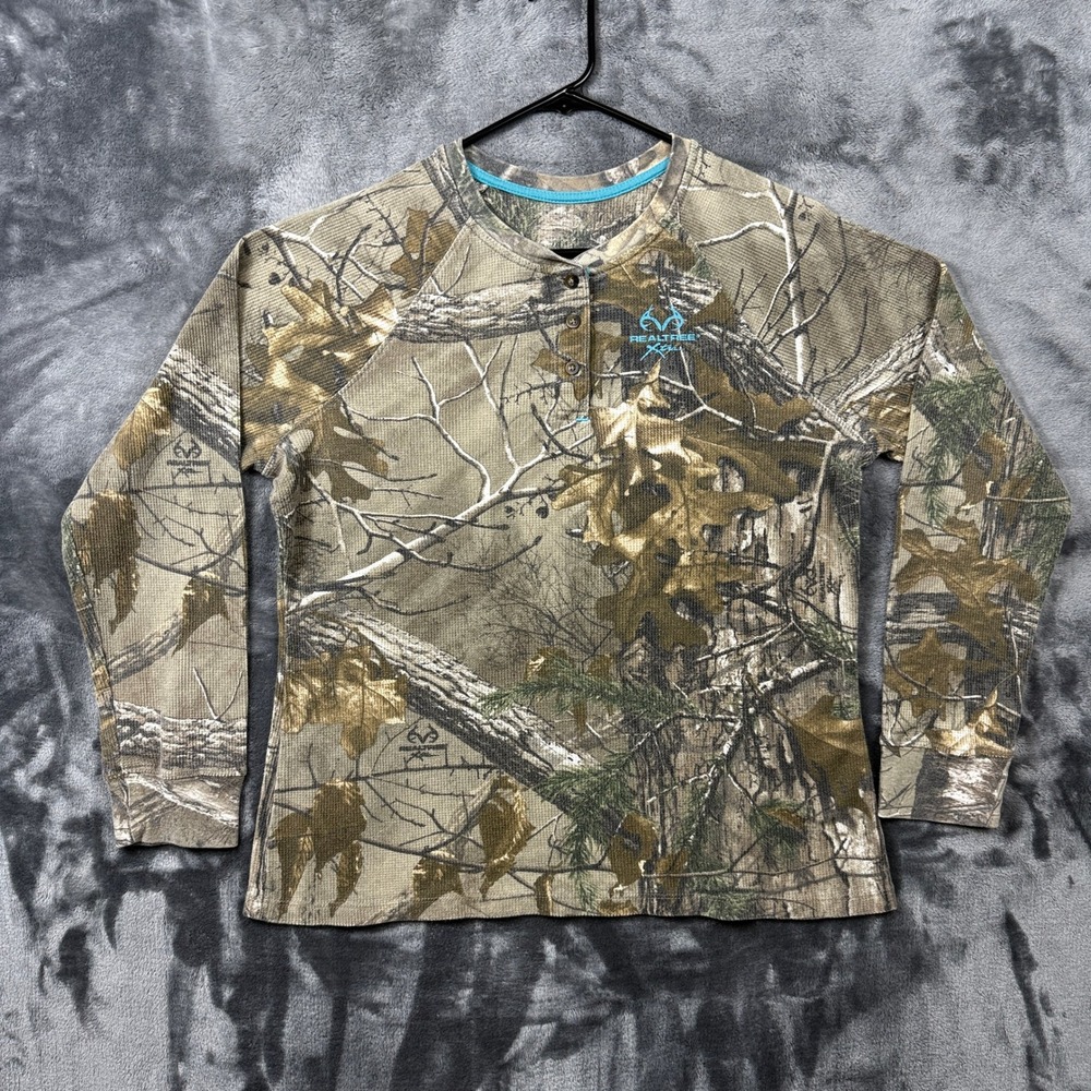 Realtree Henley Top Womens Medium Brown Camo Long Sleeve Thermal Xtra Waffle Top